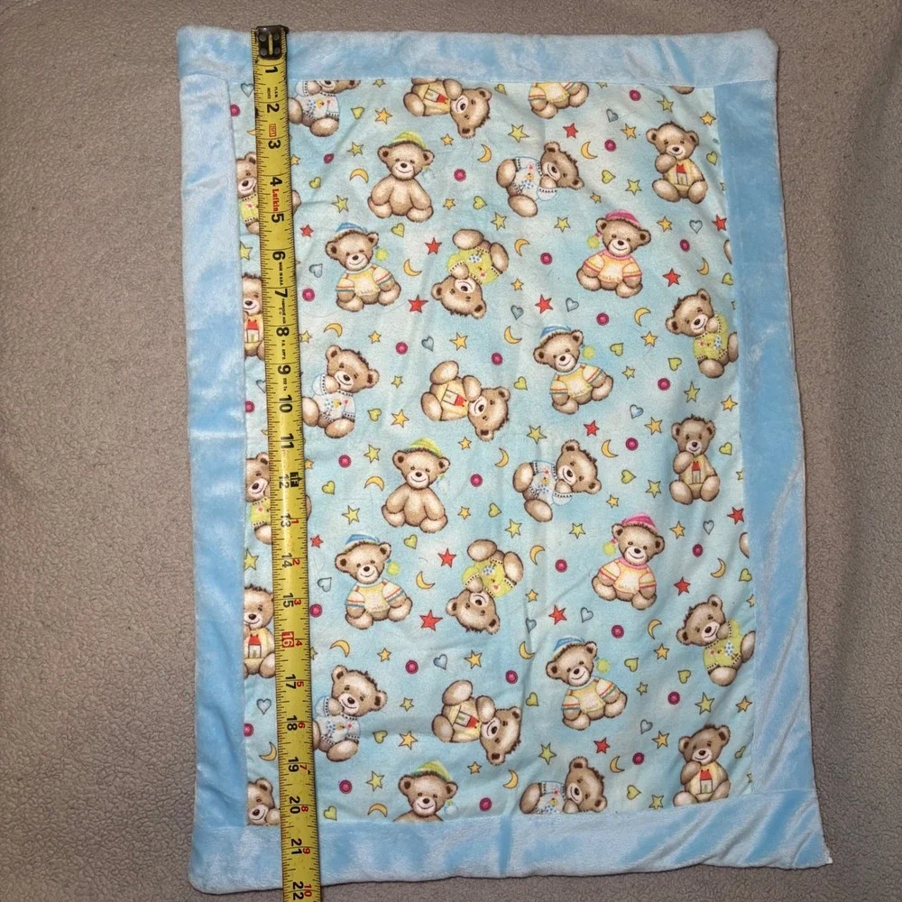Handmade Blue Teddy Bear Minky Security Blanket Moon Stars Nursery Lovey 15x21
